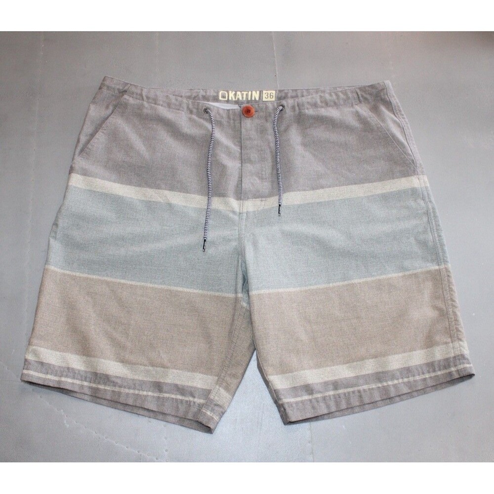 Katin Hybrid Board Shorts Men’s 36 Gray Blue‎ Striped Stretch Surf Swim Casual